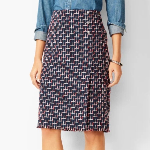 Talbots Boucle Wrap Skirt Silver Buttons Navy Red White Textured Size 14 - Picture 1 of 14